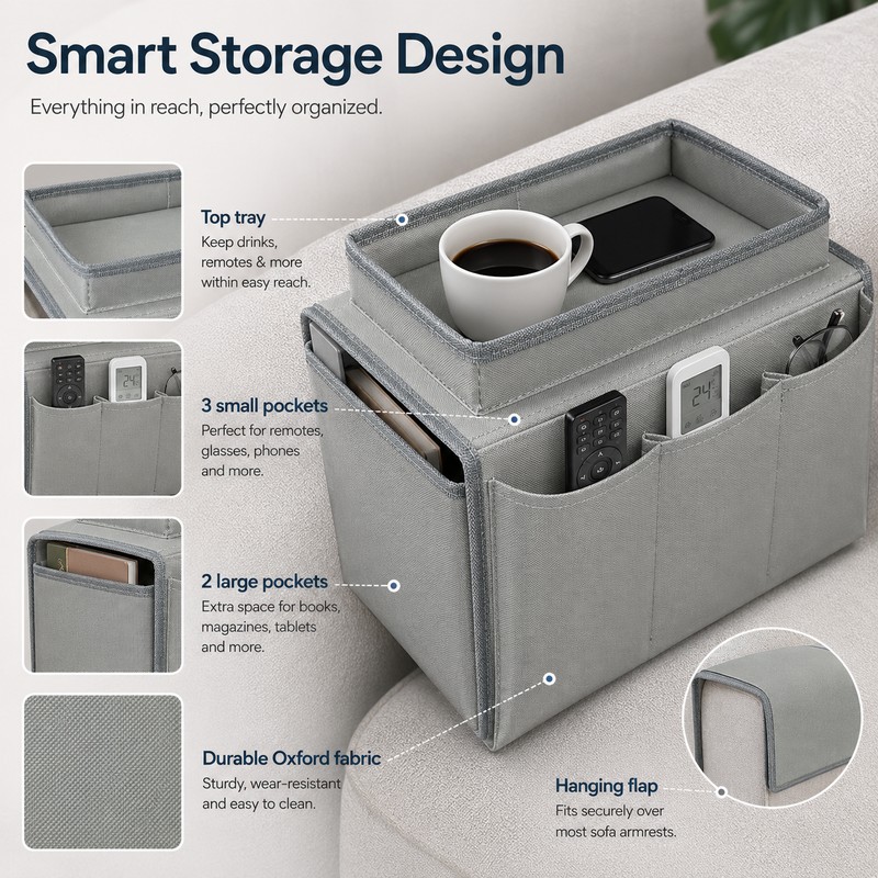 Sofa Armrest Organizer for Remote & Magazine Storage – 5-Pocket