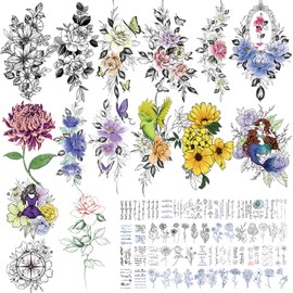 CUTELIILI Flower Temporary Tattoos for Womens Arm Neck Leg, Multi-Colored Body Art Fake Tattoos For Adults Girl, Realistic Tattoos Half Sleeve Temporary Tattoos