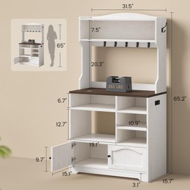 Bakers Rack with Storage and Power Outlet, 31.5 inch Farmhouse Coffee Bar Cabinet, Microwave Stand with Storage Cabinet, 7 Hooks and Curved Design for Kitchen, Coffee Bar, Walnut, White