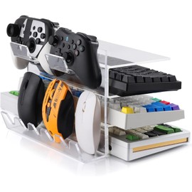 MASTLU Acrylic Keyboard and Mouse Storage Rack,3-Tier Keyboard Display Stand,keyboard Mouse Holder Stand with Controller Holder,Space Saving Desktop Organizer for Home and Office (Acrylic Clear)