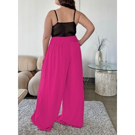 Eytino Women Plus Size Casual Pants Smocked High Waisted Wide Leg Boho Summer Loose Lounge Trousers Pants,5X Rose