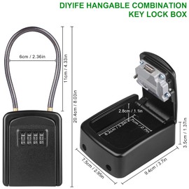 Key Safe, [New Version] [Weatherproof] Diyife Portable Lock Box for Keys Outdoor with Removable Wire Rope Shackle, Hangable 4-Digit Combination Key Lock Box for Home Office Garage School Car