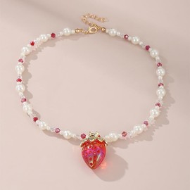 Lovely Strawberry Pendant Necklace for Women Friends Unique Choker for Christmas Imitation Pearl Necklaces Jewelry Gift, Acrylic, No Gemstone