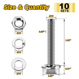M10 x 50mm (10 Sets) M10x1.5 Bolt Flanged Hex Head Nuts and Bolts, M10 Bolt Flange Hexagon Screws with Nuts and Washers, 304 Stainless Steel 18-8 Metric Screw Assortment, DIN 6921, by Mywish