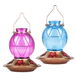 BOLITE Hummingbird Feeders for Outdoors Hanging, Glass Hummingbird Feeder, Wild Bird Feeder with Five Feeding Ports, 20 Ounces, 2 Pack, Purple and Blue