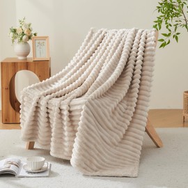 Deamsure Throw Blanket for Couch Linen 3D Ribbed Fleece Soft Lightweight Fuzzy Cozy Blankets for Sofa, Women, Girls, All Season Use (Linen Ribbed,Throw(50"x60"))