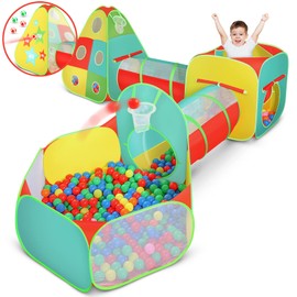 5pc Kids Play Tent for Toddlers with Ball Pit, Crawl Tunnel, Indoor & Outdoor Playhouse, Jungle Gym, Toys for Boys & Girls, Includes Dart Balls, Teepee & Basketball Hoops