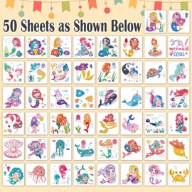 Leesgel Mermaid Glitter Tattoos for Girls, Individual 50 Sheets Mermaid Stickers, Temporary Tattoos for Girls Mermaid Birthday Decorations Supplies, Mermaid Party Bag Fillers Favours