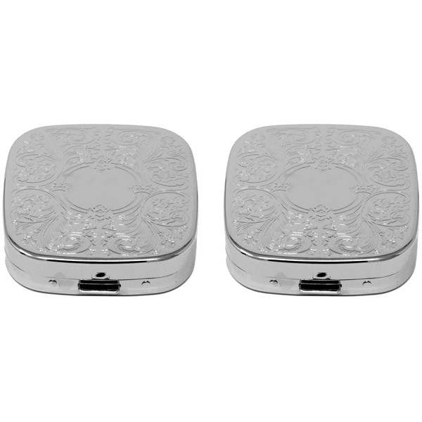Set of 2 Square-Shaped Pocket Purse Pill Box with Mirror (Silver Etched Victorian Print - Engraveable)