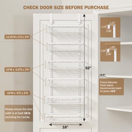 Delamu Adjustable Over the Door Pantry Organizer, 6-Tier Metal Pantry Organization and Storage for Kitchen, Hanging Spice Rack Seasoning Shelves, Cabinet Door Organizer for Easy Install, 16"