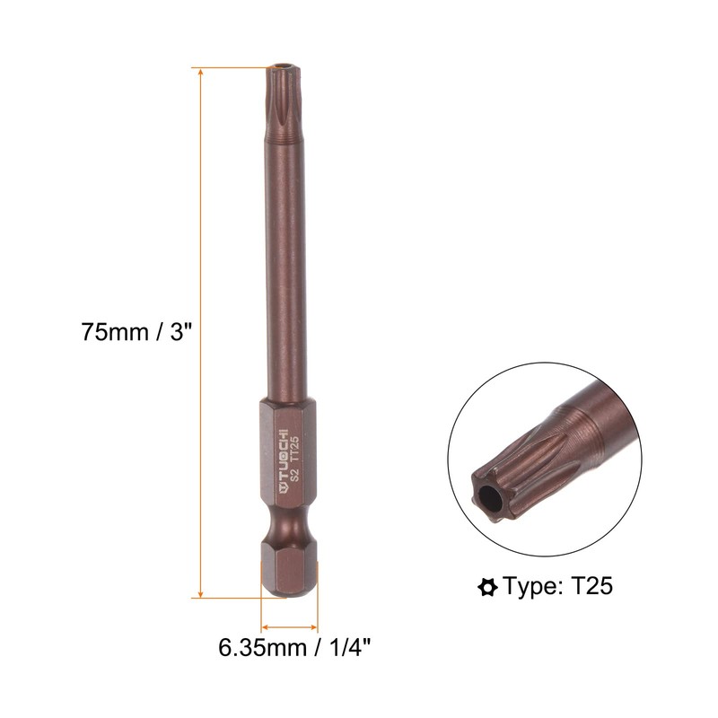 sourcing map 10pcs T25 Torx Bit 1/4" Hex Shank 3"