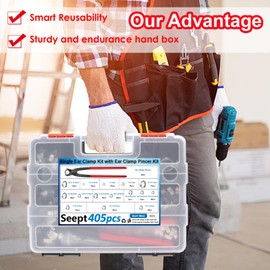 Seept 405Pcs 15-Sizes 304 Stainless Steel Single Ear Hose Clamps with Ear clamp plier 5.3-36.1mm Crimp Hose Clamps Assortment Kit for Auto/Home Appliance/Pipe/Fuel Line