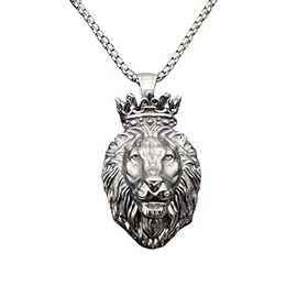 MayiaHey Lion Pendant, Lion Necklace for Men, Crown Lion Necklace Norse Viking Lion Head Necklace Lion Jewelry, Celtic Lion Charm Necklace Stainless Steel Punk Lion Crown Pendant Necklace for Boys