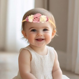 Kenjudess Baby Girl Floral Headbands Elastic Nylon Flower Beads Hairbands Fabric Leaves Head Wrap for Newborn Toddler Infant Hair Accessories (Pink 1, Standard Small)