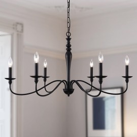 PAPAYA Farmhouse Chandelier 6-Light Black Industrial Classic Candle Ceiling Rustic Pendant Lights Fixture for Dining Living Room Bedroom Kitchen Island Hanging Lighting