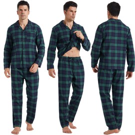 LNFINTDO Mens Flannel Pyjamas Set Cotton Checked Lounge Wear with Pocket Long Sleeve Top and Bottoms 2 Piece Soft Nightwear Winter Warm Pjs Green
