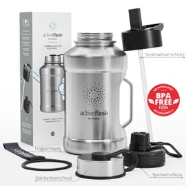 Trinkflasche Edelstahl ACTIVE FLASK + Strohhalm (3 Deckel) | Große 1,3 / 2,2 Liter Sportflasche BPA-frei Auslaufsicher Kohlensäure geeignet, 2l XL Wasserflasche Sport Outdoor Fitness Wasser Flasche