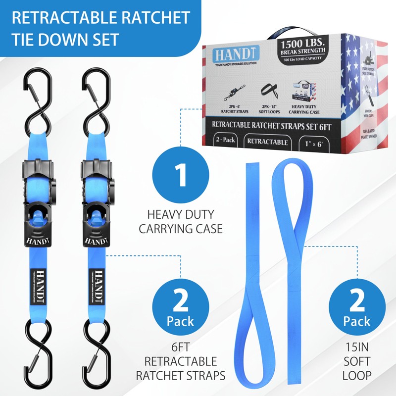 HandT USA Based Retractable Ratchet Straps (2PK) 1in x 6ft