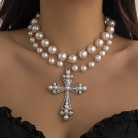 Gothic Cross Necklace for Women Vintage Pearl Cross Pendant Necklace Sparkling Crystal Cross Necklace Goth Chunky Cross Necklace Jewelry (White1)