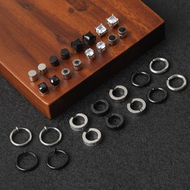 15 Pairs Magnetic Earrings Men Women Stainless Steel Hoop Earrings CZ Magnet Non Penetrating Clip Magnetic Stud Earrings Clips Nickel Free Tunnel Ear Clips Non Piercing Earrings Set Silver Black,