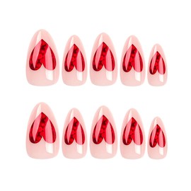 Press on Almond Nails-24Pcs Artificial Nude False Nails with Big Glitter Heart Designs Heart Glossy Full Cover Medium Acrylic Fake Nails Glue Stick on Fingernails for Women Girls
