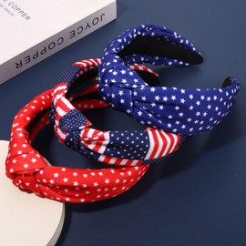 NVENF 3PCS 4th of July Headband for Women Red Blue USA Star Knotted Headband Crystal Patriotic Wide Top Knot Headband 4th of July Hair Accessories Outfits Gifts (3PCS Flag K)