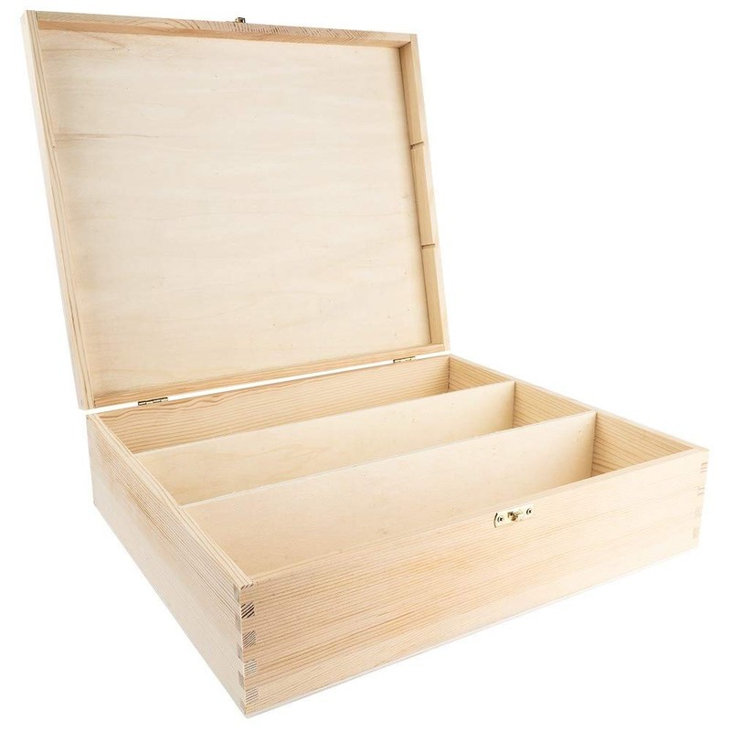 Wooden Wine Box with Lid 3 Inner Compartments 35cm x