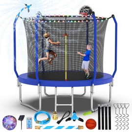 Lyromix 8FT Trampoline for Kids and Adults, Large Outdoor Trampoline with Stakes, Light, Sprinkler, Backyard Trampoline with Basketball Hoop and Net, Capacity for 5-8 Kids and Adults, Royal Blue