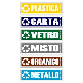 GamesMonkey® - Stickers Separate Collection Recycling Waste Rubbish v4 - Waterproof Washable Illustrated - Italian English - Compliant with UNI 11686 (15x4 cm, 6 Pieces)