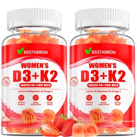 BSSTABBON Organic Women’s D3 K2 Vitamin Gummies: D3 10000 IU Chewable Vegan Multivitamins Supplement with B12 B6 B9 Plus Magnesium Omega Zinc Calcium - for Immune Energy Skin Support (120Count)
