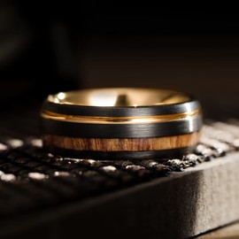 King Will 8mm Rose Gold Tungsten Rings for Men Domed Hawaiian Koa Wood Inlay Rose Gold Grooved Center Black Matte Finish Wedding Bands Comfort Fit 12