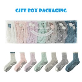 Bulinlulu Fuzzy Socks with Grips Mothers Gifts for Women,7 Pairs Non Slip Hospital Sleep Warm Fluffy Non-Skid Thick Slipper Socks with Grippers (Blue/Dark Grey/Brown/Purple/Pink/Green/White)