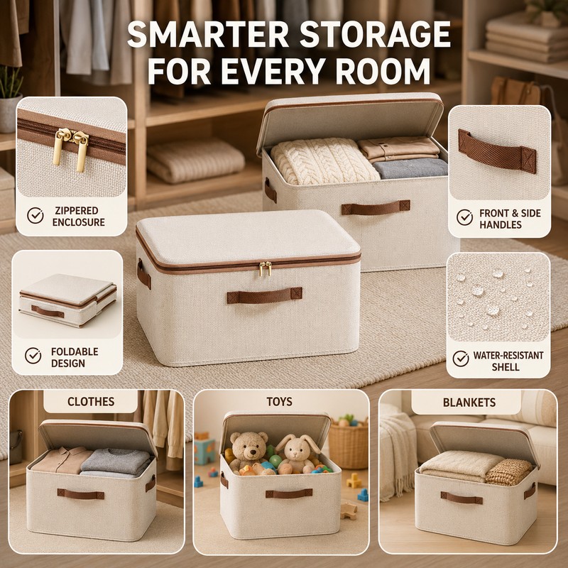 8L Cotton Linen Storage Box with Lid, Foldable Zipper Organizer