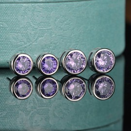 Yumilok Jewelry Women's Men's 4 Pairs 925 Sterling Silver Purple White Cubic Zirconia Round Studs Hypoallergenic Earring Set