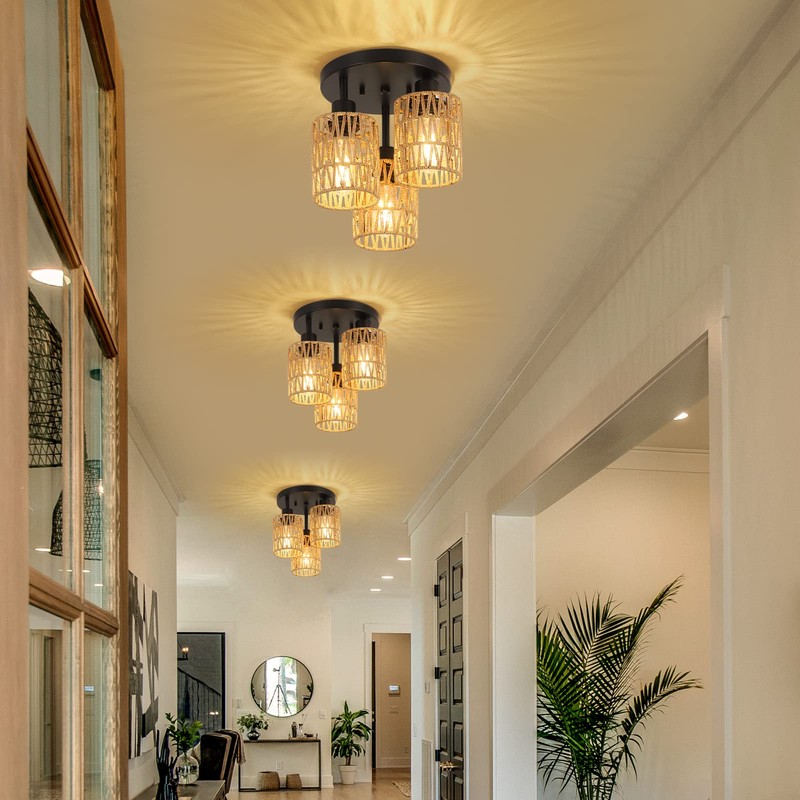 3-Lights Boho Light Fixtures Ceiling Mount, Farmhouse Rattan Chandelier, Hand