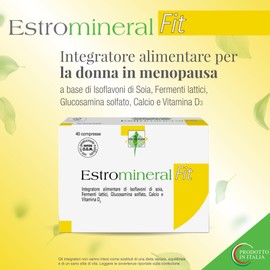 Estromineral Fit, Integratore Menopausa e Ossa, 40 Compresse con Isoflavoni di Soia, Fermenti Lattici, Glucosamina Solfato, Calcio e Vitamina D3, Senza Glutine e Senza Lattosio