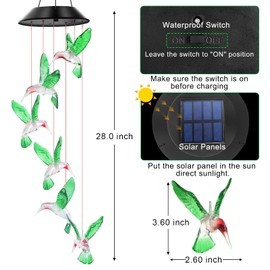 WENANA Green Hummingbird Solar Wind Chimes Color Changing Lights Outdoor, Best Gifts for Mom Grandma Women Wife Aunt Daughter Sister, Unique Mobile Wind Chime, Gardening Yard Decorations
