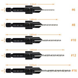 5-pc Woodworking Countersink Counterbore Drill Bit Set 3in1 for #6 8 10 12 16 Screws, M2 Pilot Drill Bits Adjustable Depth, 82-Degree Chamfer with Stop, 1/4” Hex Shank, Includes 2 Allen Wrenches