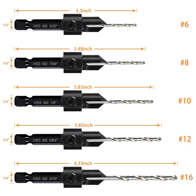 5-pc Woodworking Countersink Counterbore Drill Bit Set 3in1 for #6