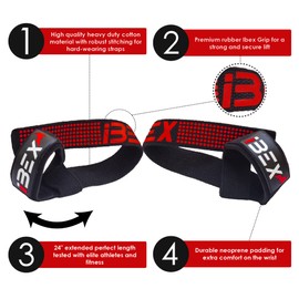 IBEX Weight Lifting Straps with Padded Wrist Support and Advanced Gel Grips - Strongly stitched 100% cotton Extra Long Gym Straps for Deadlift, Workout & Barbell Shrugs (Red)