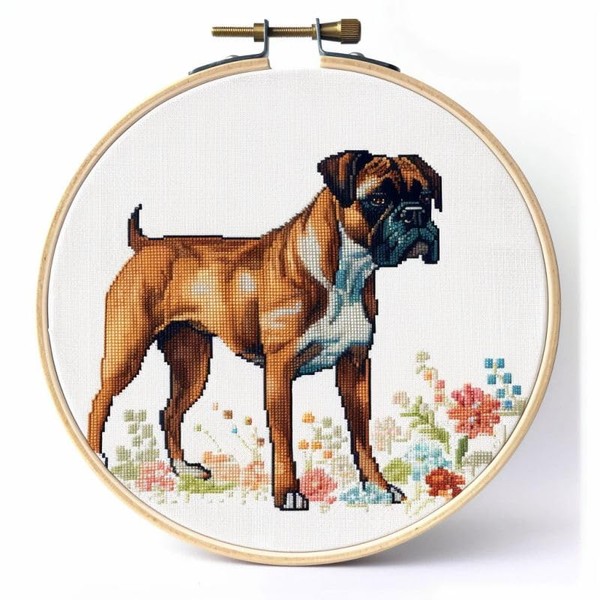 Boxer Dog Cross Stitch Kits with Hoop Easy Pattern Stamped