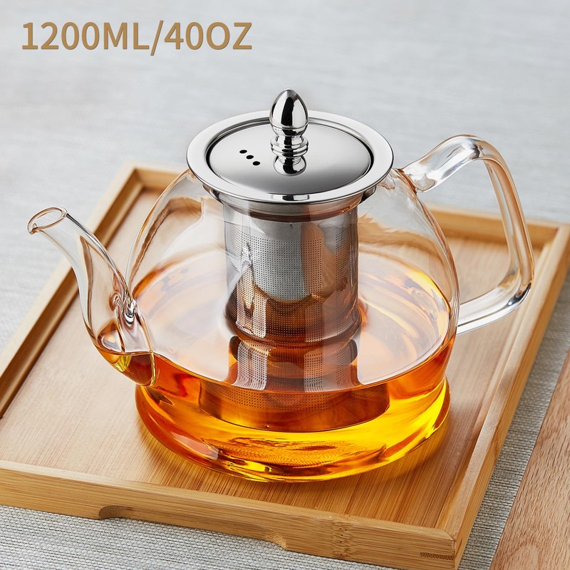 DOPUDO 1200ml Glass Teapot with Removable Infuser, Stovetop Safe Tea
