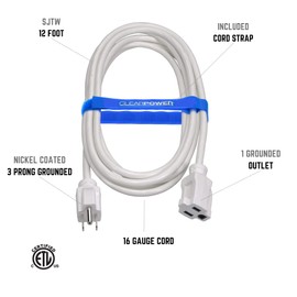 Clear Power 12 ft Indoor/Outdoor Extension Cord 16/3 SJTW, White, Water & Weather Resistant, Flame Retardant, 3 Prong Grounded Plug, CP10205