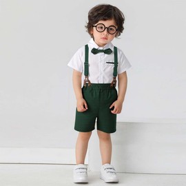 Conjunto de trajes de caballero para bebés y niños, camisa infantil, pantalones cortos, corbata de moño y tirantes, blanco, verde (Green + White), 18-24 Meses