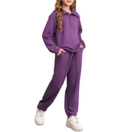 blibean Tween Girls Sweatshirt Half Zipper Sweat Pants Sets Kids Girl Athletic Jogger Jogging Suits Collar Pullover Outfits Fall Fashion Clothes Pullover Tops Size 8-9 Years Old Purple