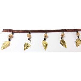 3 Yards Hanging Beaded Fringes- Golden Leaf Charms with Black Glass Golden Metal & Wood Beads on Satin Tape Ribbon for Sewing Quilting Renaissance Dance Hawaiian Bridal Costumes Drapery Décor