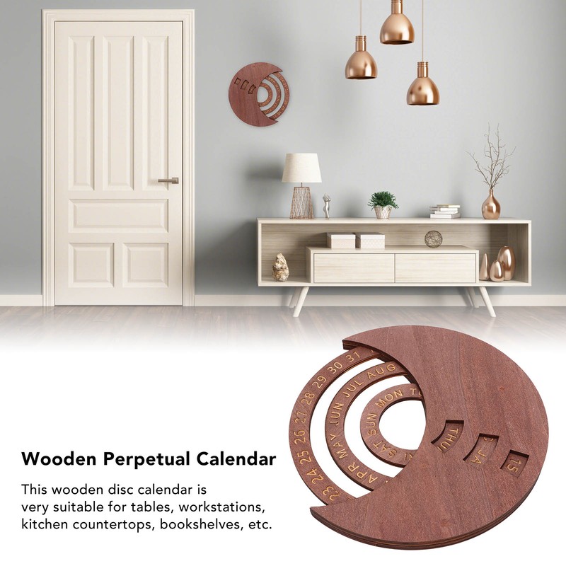 Wooden Disc Calendar Dark Brown Rotatable Disc Natural Wood Vintage