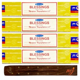 Original Satya Nag Champa Blessings Incense Sticks | with M&J incense sticks holder | x4 pack | for Aromatherapy, Spa, Yoga, Weddings, Meditation, Healing, Positivity and Relaxation