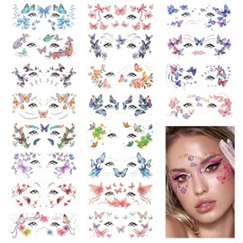 Konsait 20 hojas de tatuajes temporales de mariposa con purpurina para mujeres y niñas, tatuajes de mariposa, tatuajes de Halloween, maquillaje facial