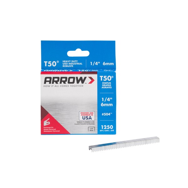 Arrow 504 Heavy Duty T50 1/4-Inch Leg Length, 3/8-Inch Crown, Staples for Upholstery, Construction, Furniture, Crafts, 1250-Pack